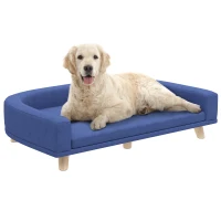 PawHut Canapé pour chien grand lit surélevé pour chien coussin lavable cadre en bois tissu polyester 98 x 67 x 25 cm bleu(m-11)