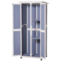 Outsunny Outdoor Garden Shed Wooden Garden Cabinet 3-Tier Double-door Storage Shed 2 Shelves Organizer with Handle Hooks Magnetic Latch Foot Pad 77 x 58 x 175cm Blue(m-10)