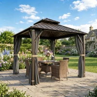 Outsunny 3 x 3(m) Hardtop Gazebo Canopy with Metal Roof, Waterproof Permanent Pavilion Garden Gazebo with Netting, Curtains, Grey(m-2)
