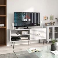 HOMCOM TV Stand with Cupboard, Open Shelves, Striped Doors, Wooden legs, White(m-2)