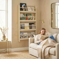 HOMCOM Estantería de Pared de Libros con 4 Estantes Librería Infantil para Hogar Oficina Carga 30kg 59x12x113cm Natural(m-9)