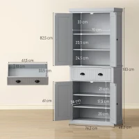 HOMCOM Armário de Cozinha Armário com Múltiplos Compartimentos Prateleiras Ajustáveis 4 Portas Grande Gaveta 76,2x40,2x183 cm Cinza(m-3)