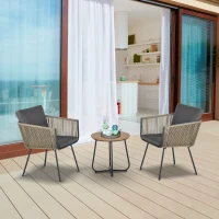 Outsunny Conjunto de Muebles de Jardín Juego de 3 Piezas Muebles de Ratán 1 Mesa Redonda y 2 Sillas Butaca con Cojines Acolchados para Balcón Terraza Acero Caqui y Gris(m-10)