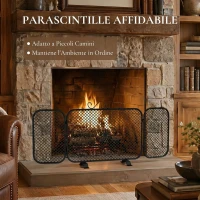 HOMCOM Parascintille Camino Pieghevole a 3 Pannelli in Metallo con Base Rimovibile, 90x16x40 cm, Nero(m-5)
