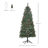HOMCOM 5FT Prelit Artificial Pencil Christmas Tree with Warm White LED Light, Red Berry, Holiday Home Xmas Decoration, Green(m-3)