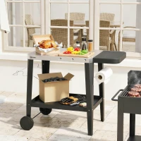 Outsunny Desserte Jardin 2 Niveaux Plateau en Inox avec Table Latérale Pliable et Roulettes, 115x67,5x80,5cm, Noir(m-2)