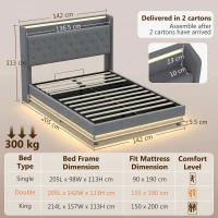 HOMCOM 4ft6 Double Bed Frame with Headboard, Platform Bed Frame with Hydraulic Storage, LED Lights and Charging Station, Grey(m-3)