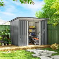 Outsunny 9ft x 6.5ft Garden Storage Shed with Top Window, Metal Outdoor Shed Tool House with Double Doors, Light Grey(m-10)