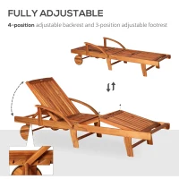 Outsunny Folding Wooden Sun Lounger, 4-Level Adjustable Garden Lounger Recliner with Side Tray and Wheels, Outdoor Reclining Sunbed with Slatted Seat and Armrests for Patio, Terrace, Teak(m-5)