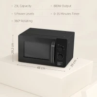 HOMCOM 23L 800W Microwave Oven, Solo Manual Microwave with 5 Power Levels, Defrost, 35 Minutes Timer, Clock, Easy Clean, Small Black Microwave(m-3)