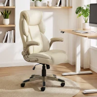 HOMCOM Silla de Oficina con Masaje Vibratorio de 4 Puntos Calor Lumbar Brazos Abatibles Respaldo Alto Altura Ajustable Crema(m-10)