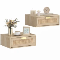 HOMCOM Lot de 2 tables de chevet murales, tables de nuit suspendues avec tiroir en effet rotin, 40 x 30 x 15 cm, chêne(m-11)