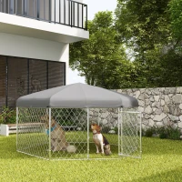 PawHut Recinto per Cani Taglia Grande con Tetto in Tessuto Oxford Anti UV, 2.1x1.85x1.5m, Argento e Grigio(m-10)