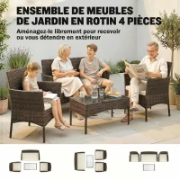 Outsunny Salon de jardin extérieur 4 personnes en résine tressée avec canapés et table basse en verre trempé coussins inclus beige(m-4)
