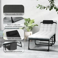 Outsunny Lot de 2 bains de soleil, chaise longue pliante et inclinable, coussin, appui-tête, poche latérale, 60x190x31cm, gris(m-7)