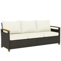 Outsunny Rattan Sofa mit Kissen, 3-Sitzer Gartensofa Loungesofa mit Stahlrahmen für Terrasse Garten 192 x 74 x 79 cm Cremeweiß(m-1)