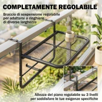 Outsunny Tavolo da Ringhiera con Ganci ad Altezza Regolabile su 3 Livelli, in Metallo, 60x56x50cm, Nero(m-4)