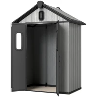 Outsunny Depozit de grădină, șopron, depozit pentru unelte, din plastic, cu podea, cadru metalic, guri de aerisire, 2 ferestre, uși duble blocabile, acoperiș înclinat, 3m², gri(m-12)