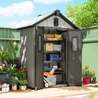 Outsunny Depozit de grădină, șopron, depozit pentru unelte, din plastic, cu podea, cadru metalic, guri de aerisire, 2 ferestre, uși duble blocabile, acoperiș înclinat, 3m², gri(m-2)