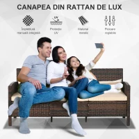 Outsunny Canapea de exterior cu 3 locuri, din ratan PE, cu perne confortabile și detașabile, 173x68x78 cm, maro(m-4)