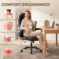 HOMCOM Sedia Ufficio Girevole, Funzione Dondolo, Braccioli Ribaltabili, Schienale Alto, Altezza Regolabile, Nero(m-4)