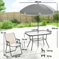 Outsunny Conjunto de Mesa y Sillas Jardín de 8 Piezas con Sombrilla 6 Sillas Plegables Mesa de Vidrio Templado Crema(m-3)