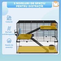 PawHut Cușcă pentru Hamsteri cu 3 Niveluri cu Bază din Sticlă Temperată, Roată și Accesorii, 76,5x48,5x54,5 cm, Negru(m-4)