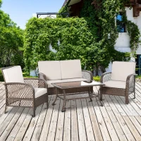 Outsunny Conjunto de 4 Muebles de Jardín de Ratán PE Sillón Sofá Doble y Mesa de Café con Cojines Lavable para Exterior Terraza Patio Marrón y Caqui(m-10)