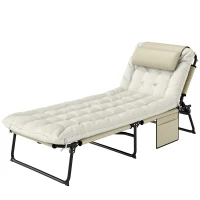Outsunny Sonnenliege, 4-stufig verstellbare Rückenlehne, Kissen, Seitentasche, Kopfstütze, 68 x 189 x 33 cm, Beige(m-1)