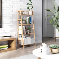 HOMCOM Bücherregal, 4 Ebenen, Leiterdesign, Bambusholz, Natur(m-10)