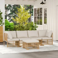 Outsunny 5-teiliges Gartenmöbelset, 2 Eckstühle, 2 Mittelstühle, Fußhocker, Sitzkissen, Rückenkissen, Hellbraun+Cremeweiß(m-10)