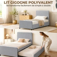 HOMCOM Lit gigogne 90 x 190 cm, cadre de lit simple/double avec sommier à lattes en bois, tête et pied rembourrés, gris clair(m-4)