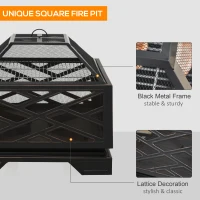 Outsunny Metal Firepit Outdoor 2 in 1 Square Fire Pit Brazier w/ Grill Shelf, Lid, Poker for Backyard, Camping, BBQ, Bonfire, Wood Burning Stove, 66 x 66 x 66cm, Black(m-6)