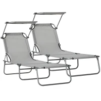 Outsunny Set de 2 Tumbonas de Jardín Reclinables con Toldo Desmontable y Respaldo Ajustable en 4 Niveles 187x58x36cm Gris Claro(m-1)