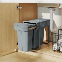 HOMCOM Poubelle cuisine coulissante 30L avec 2 compartiments, poubelle sous évier avec couvercle givré, 52x26x40,8cm, gris(m-9)
