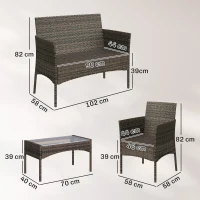 Outsunny 4 Piece Rattan Garden Furniture Sofa Set with Loveseat, Armchairs, Glass-Top Coffee Table and Cushions, Brown(m-3)