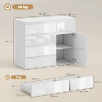 HOMCOM Modernes Sideboard, Stauraum-Sideboard mit 5 Schubladen, verstellbarem Regal, Soft-Close-Tür, Weiß Hochglanz(m-3)