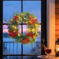 HOMCOM Ghirlandă de Crăciun de 60 cm cu lumini LED albe, timer, conuri, boabe și frunze de ilex, verde(m-10)