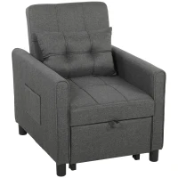 HOMCOM Fotoliu Pat Single 3 în 1 din Material Textil Tip In și Lemn cu Spătar Reclinabil, Pernă, Buzunare, Gri(m-12)