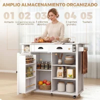 HOMCOM Isla de Cocina con Ruedas Tapa Abatible Estantes en la Puerta Toallero Armario 2 Cajones 117,5x70x91 cm Blanco(m-5)