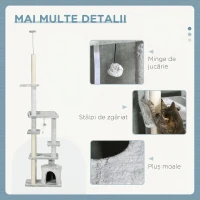 PawHut Copac Scratcher pentru Pisici la Tavan cu Platforme și Căsuță, 60x40x225-255cm, Gri(m-6)