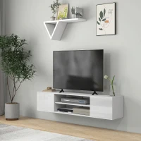 HOMCOM Meuble banc TV mural suspendu style contemporain 2 placards 2 niches centrales et 2 passe-câbles 140 x 30 x 30 cm blanc(m-10)