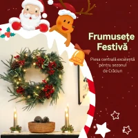 HOMCOM Ghirlandă de Crăciun de 60 cm cu lumini LED albe, timer, conuri, boabe și frunze de ilex, verde(m-4)