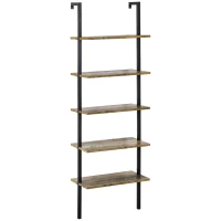 HOMCOM Leiterregal im Industrie-Design 5 Regale 60 cm x 30 cm x 184,5 cm Metall Holzwerkstoff Braun+ Schwarz(m-1)