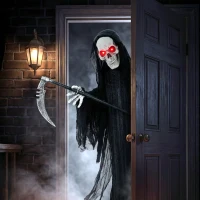 HOMCOM 183cm Life Size Animated Grim Reaper Halloween Decoration, Scary Halloween Animatronics Decor with Sound Touch Activated(m-9)