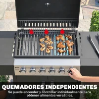 Outsunny Barbacoa de Gas con 6 Quemadores Termómetro Parrilla Mesas Laterales Armario y Ruedas 135x51x101 cm Negro(m-5)