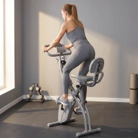 HOMCOM Cyclette Pieghevole 2 in 1, Resistenza Magnetica Regolabile 8 Livelli, Bici da Fitness con Sensore di Frequenza Cardiaca, Elastici per Braccia, Schermo LCD, Volano 2.5kg, Grigio(m-5)