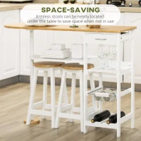 HOMCOM 3 Piece Bar Table Set, Breakfast Bar table and Stools with Storage Shelf, Drawer, Wire Basket and Wine Rack for Kitchen, Home Bar, Natural and White(m-5)