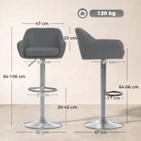 HOMCOM Lot de 2 Tabourets de Bar Pivotants en Velours avec Hauteur Réglable, Repose-pieds, Dossier, Base en Métal, Gris(m-3)