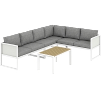 Outsunny Conjunto de Jardín Exterior con Cojines 3 Sofás de 2 Plazas Mesa con Tablero Efecto Madera WPC y Cojines Gris y Blanco